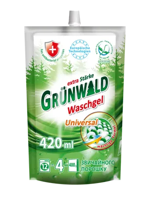 GRÜNWALD, гель для прання кольорових та білих речей, 420 мл/12 циклів прання, дойпак